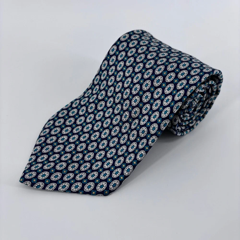 Brooks Brothers Makers Silk Geometric Medallion Necktie Mens OS Navy Gold NEW